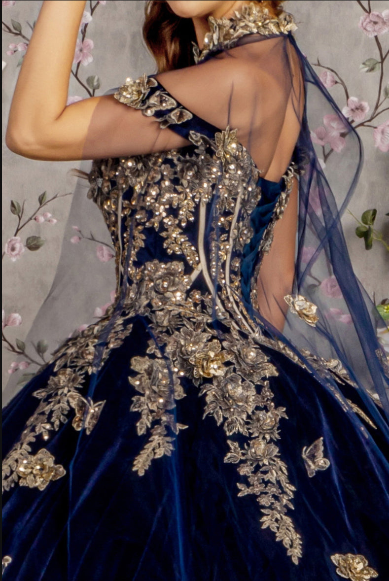 Metallic Embroidery Jewel Velvet Ball Gown w/ Long Mesh Cape. Gl3471 GLS by Gloria