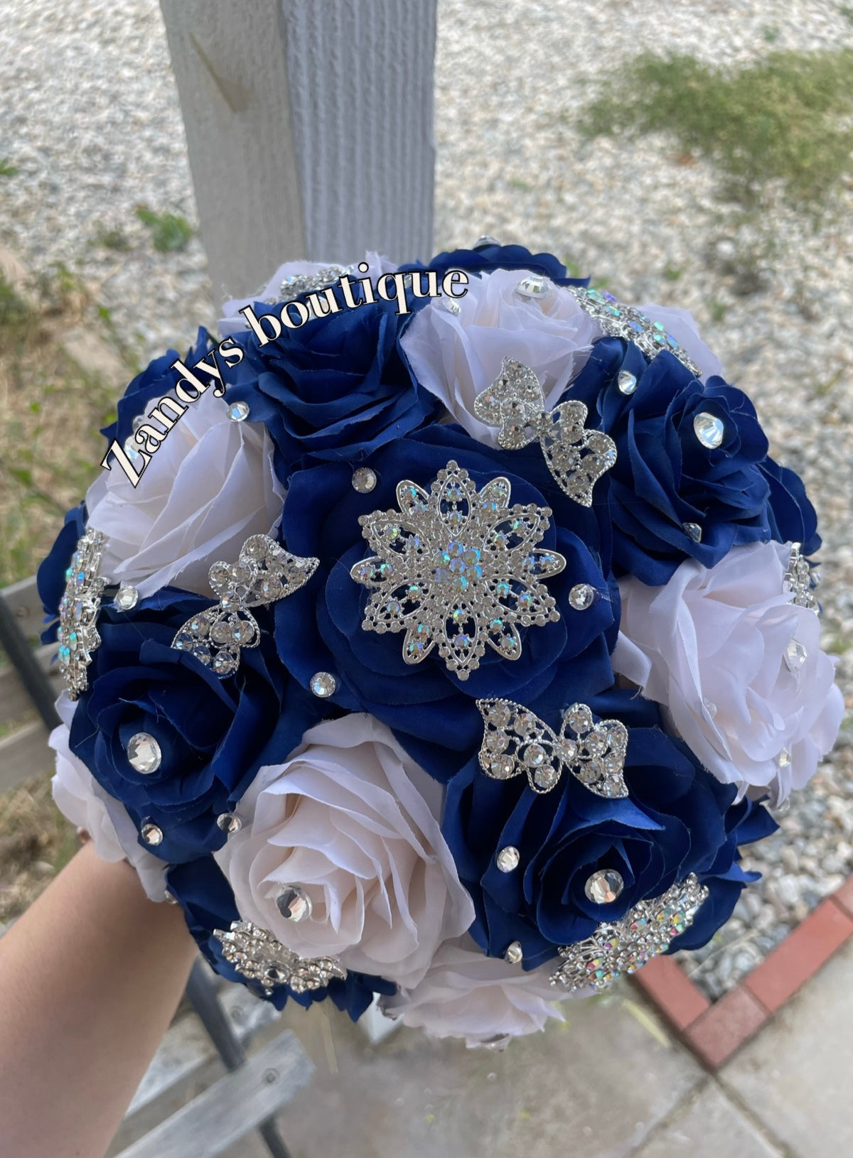 Royal Blue With Cream Bouquet Along with Sparkly SIlver Brooches Bouquet RBCR002 by MARINA'S CRAFT. PREORDER AVAILABLE!
