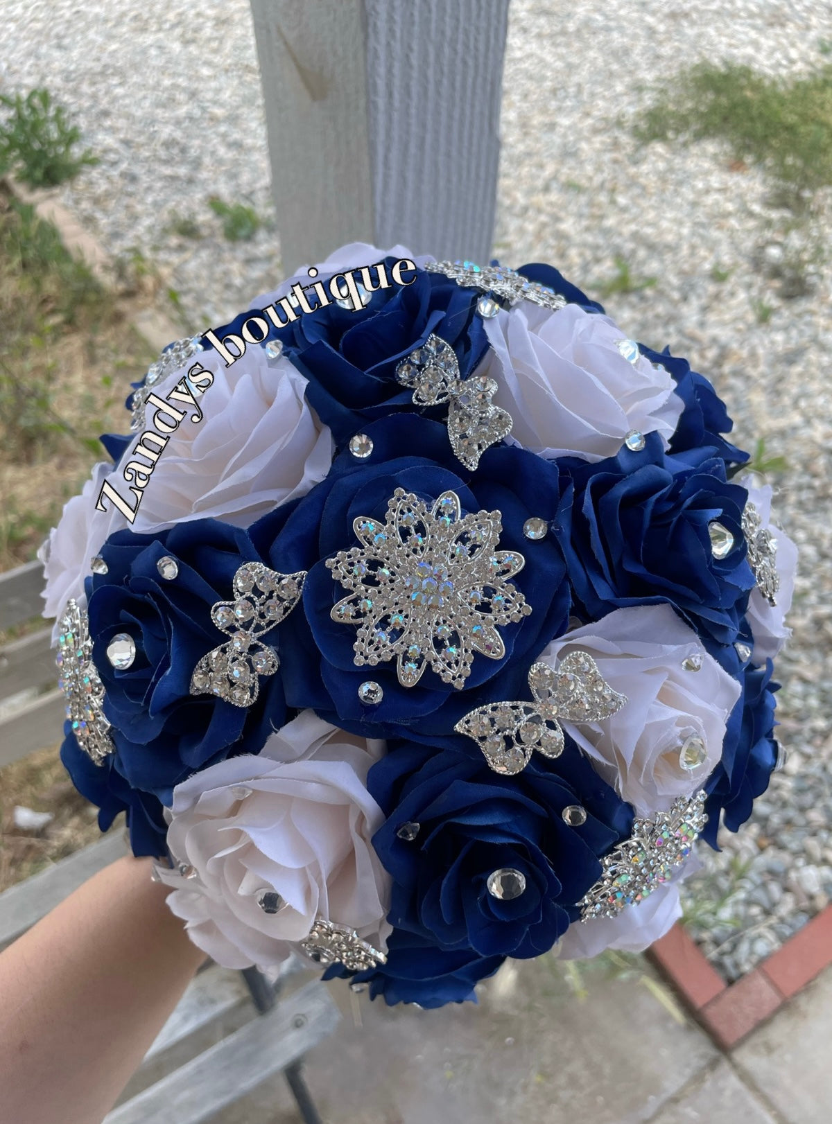 Royal Blue With Cream Bouquet Along with Sparkly SIlver Brooches Bouquet RBCR002 by MARINA'S CRAFT. PREORDER AVAILABLE!