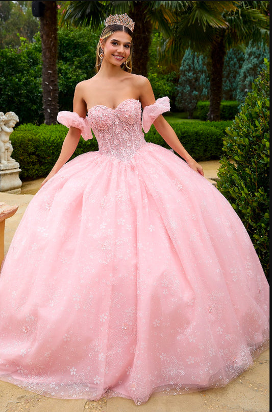 Beads Embellished Glitter Print Sweetheart Quinceanera Dress w/ detachable puff sleeve. Gl3505 GLS by Gloria