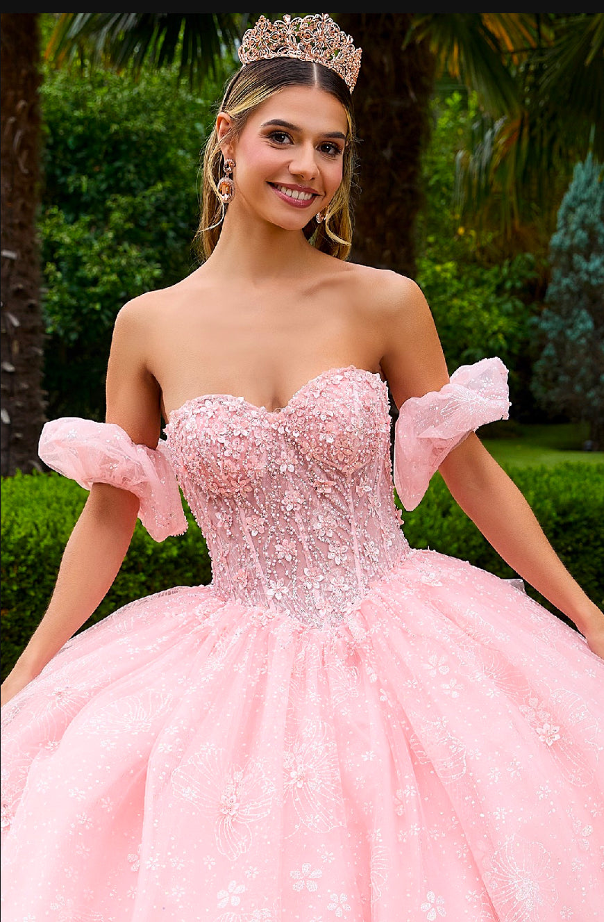 Beads Embellished Glitter Print Sweetheart Quinceanera Dress w/ detachable puff sleeve. Gl3505 GLS by Gloria