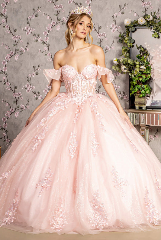 3-D Flower Illusion Sweetheart Sheer Bodice Mesh Ball Gown. GL3475 GLS by Gloria