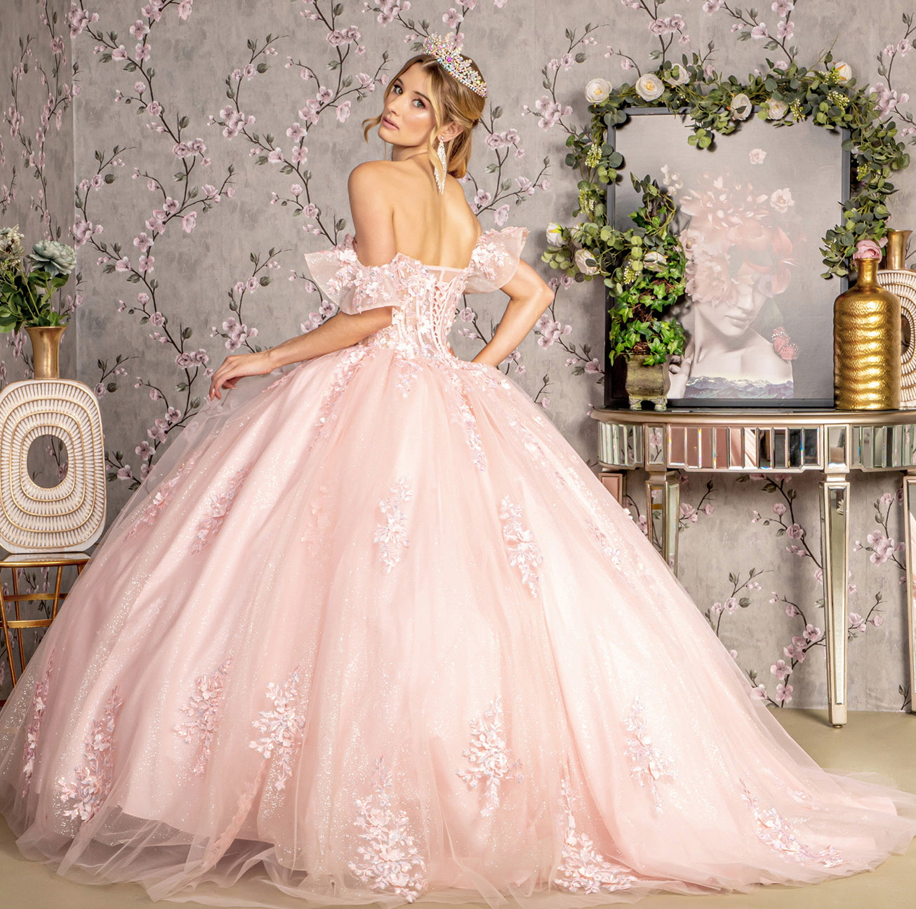 3-D Flower Illusion Sweetheart Sheer Bodice Mesh Ball Gown. GL3475 GLS by Gloria