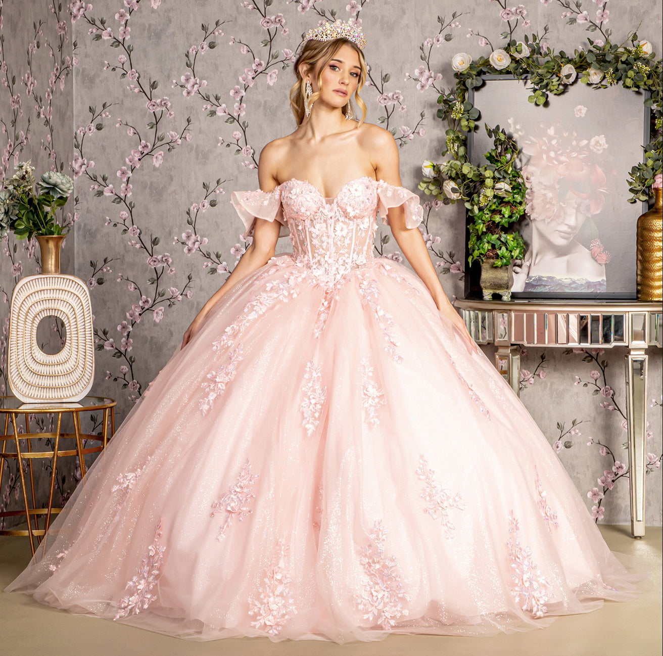 3-D Flower Illusion Sweetheart Sheer Bodice Mesh Ball Gown. GL3475 GLS by Gloria