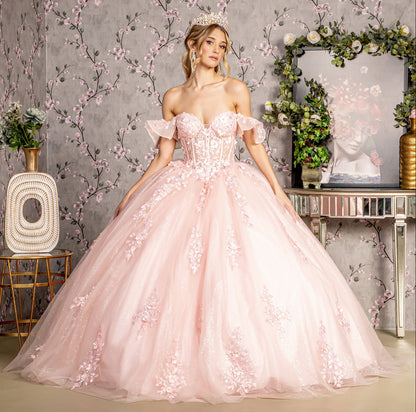 3-D Flower Illusion Sweetheart Sheer Bodice Mesh Ball Gown. GL3475 GLS by Gloria