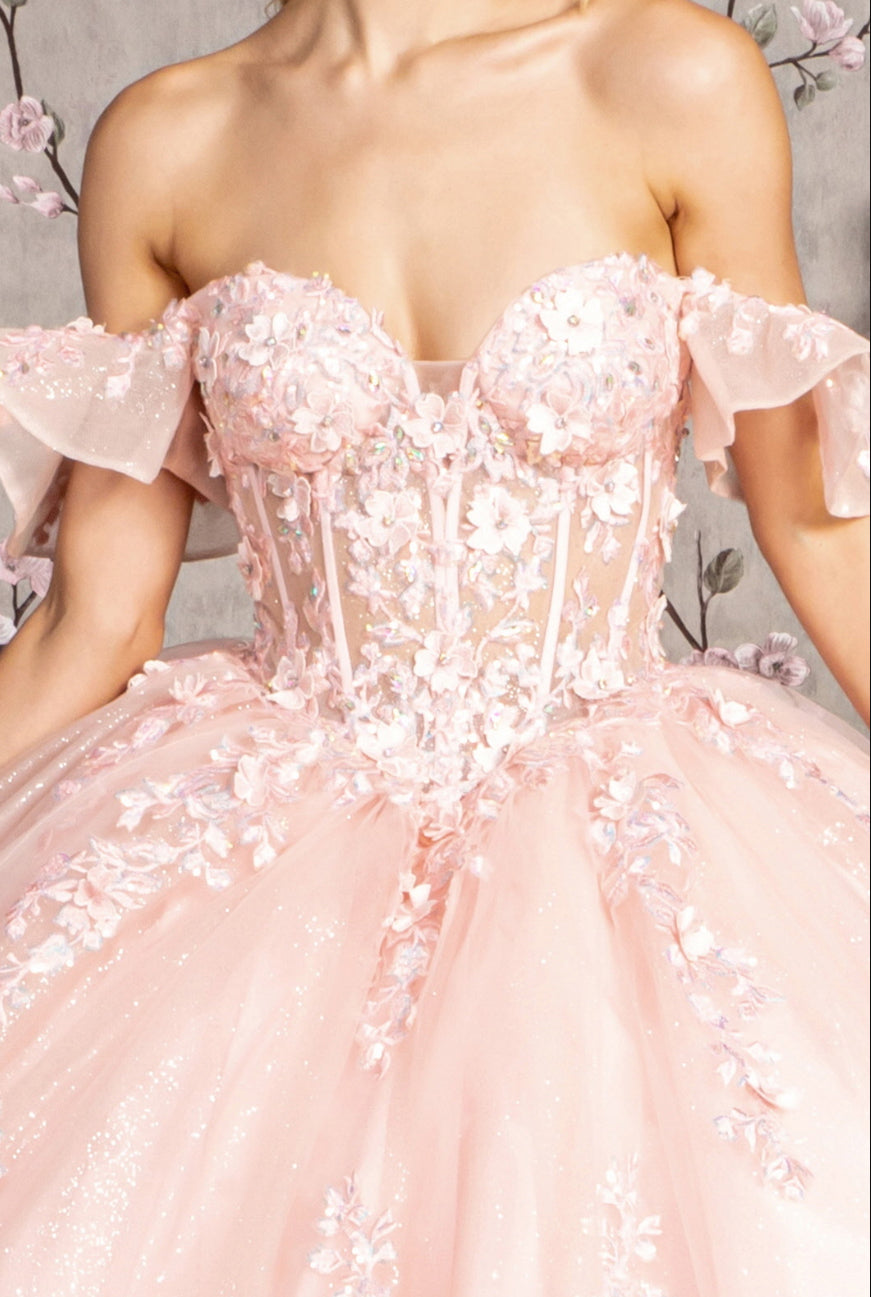 3-D Flower Illusion Sweetheart Sheer Bodice Mesh Ball Gown. GL3475 GLS by Gloria