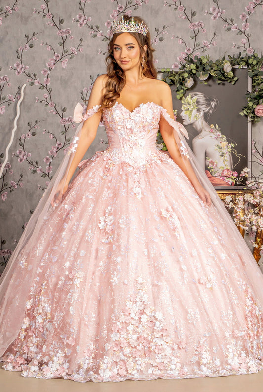 Detachable Ribbons Jewel Mesh Ball Gown w/ Side Mesh Long Drapes. Gl3465 GLS by Gloria
