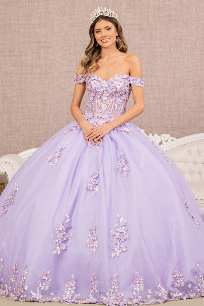 3-D Flower Applique Jewel Mesh Quinceanera Gown w/ Long Tail. Gl3182 GLS by Elizabeth K