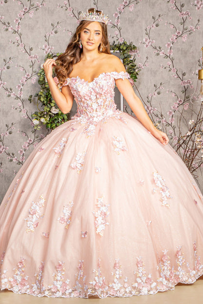 3-D Flower Applique Jewel Mesh Quinceanera Gown w/ Long Tail. Gl3182 GLS by Elizabeth K