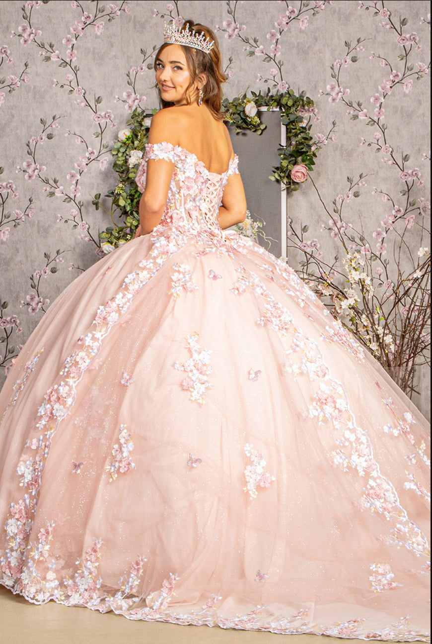 3-D Flower Applique Jewel Mesh Quinceanera Gown w/ Long Tail. Gl3182 GLS by Elizabeth K