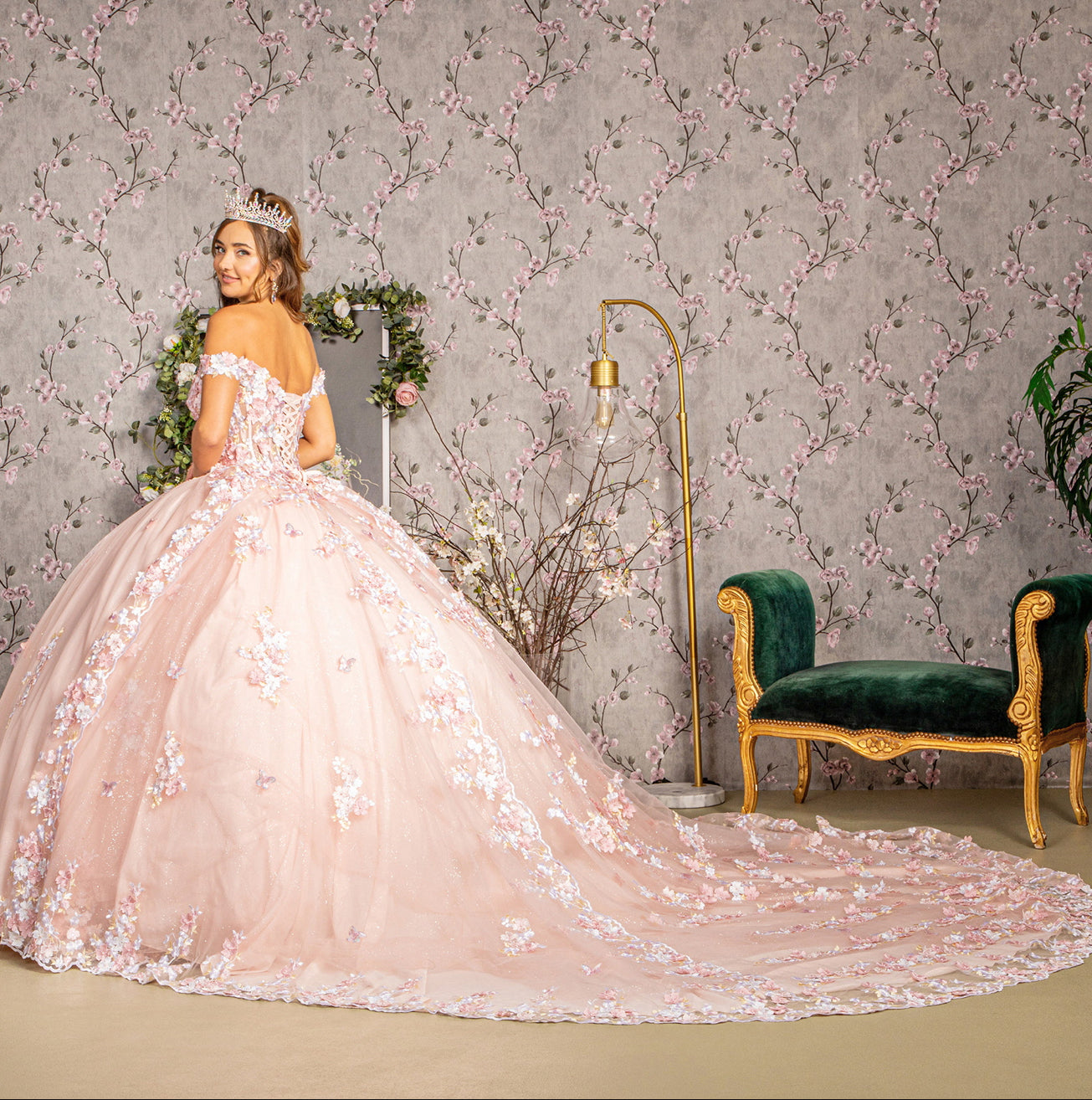 3-D Flower Applique Jewel Mesh Quinceanera Gown w/ Long Tail. Gl3182 GLS by Elizabeth K