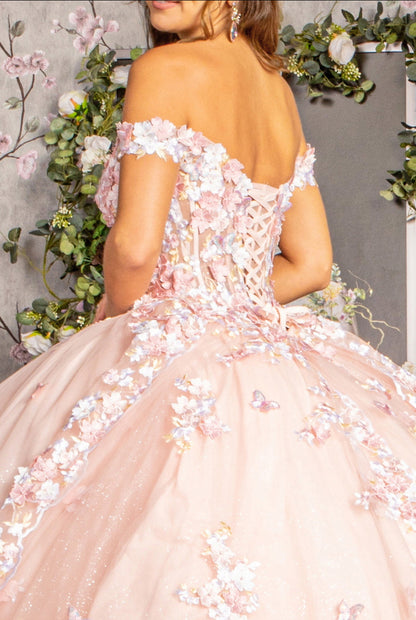 3-D Flower Applique Jewel Mesh Quinceanera Gown w/ Long Tail. Gl3182 GLS by Elizabeth K