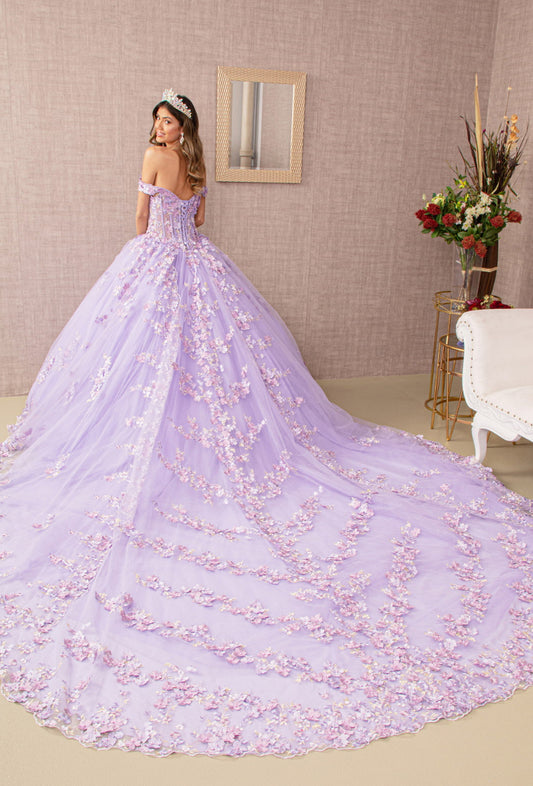 3-D Flower Applique Jewel Mesh Quinceanera Gown w/ Long Tail. Gl3182 GLS by Elizabeth K