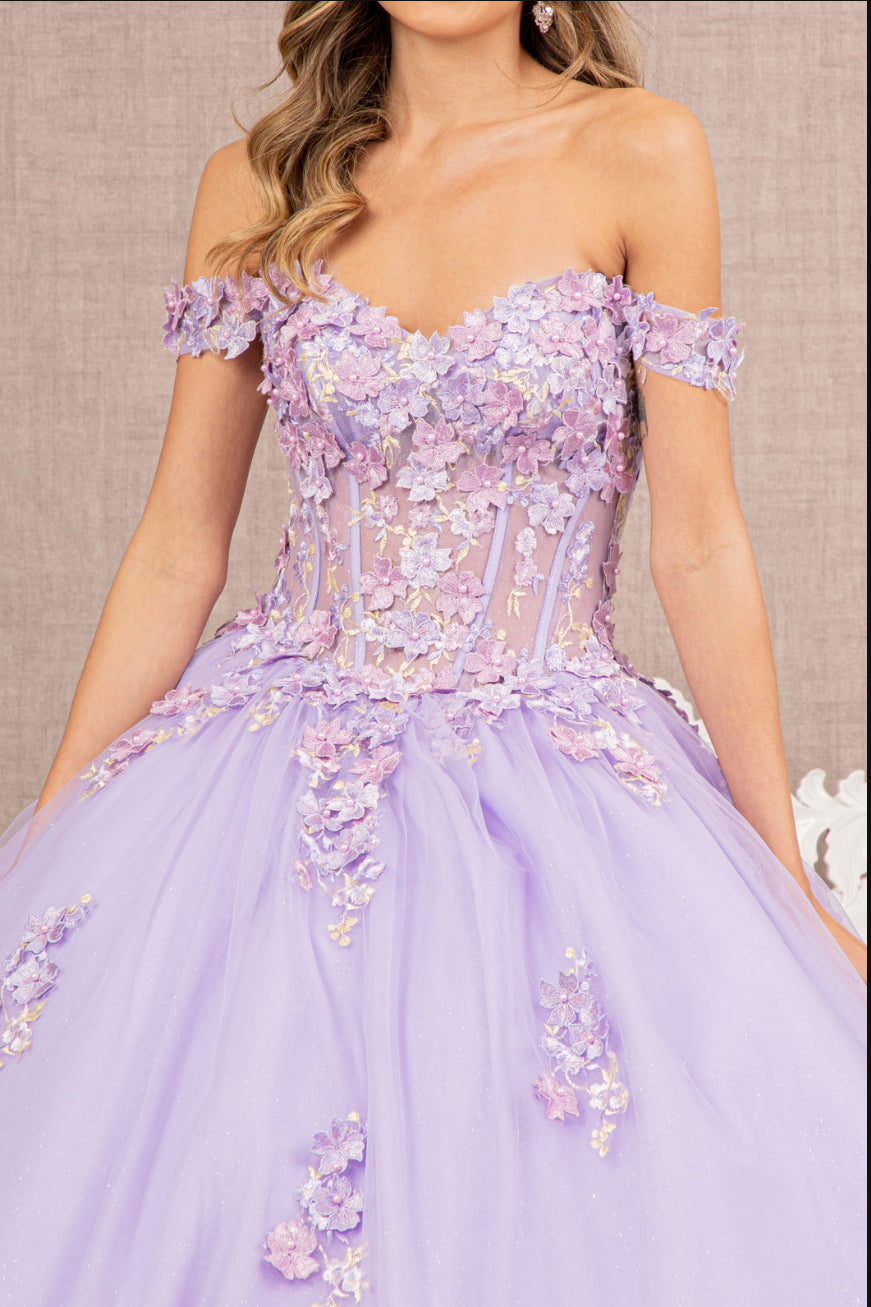 3-D Flower Applique Jewel Mesh Quinceanera Gown w/ Long Tail. Gl3182 GLS by Elizabeth K