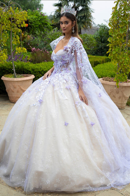 Floral Glitter Pattern 3-D Butterfly Applique Mesh Quinceanera Dress w/ Detachable Mesh Cape. GL3501 GLS by Gloria