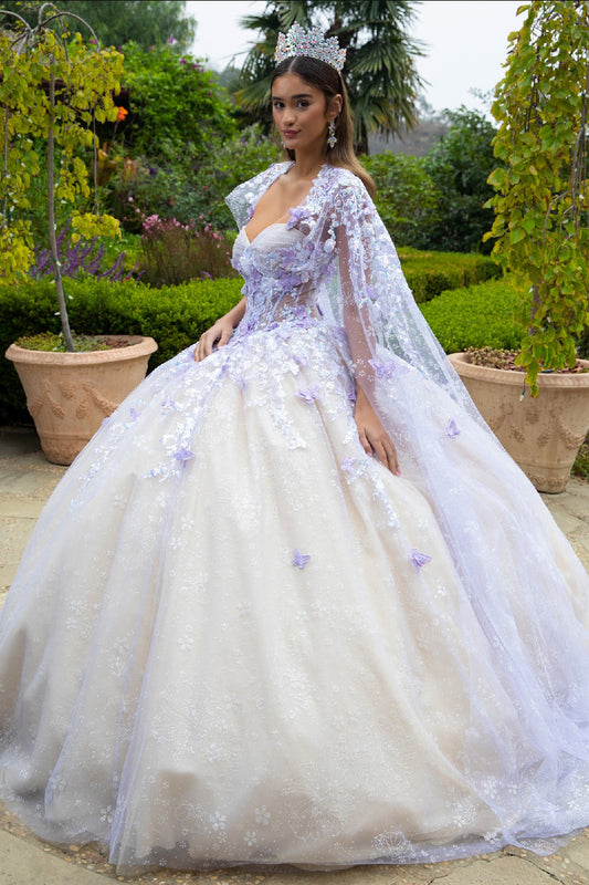 Floral Glitter Pattern 3-D Butterfly Applique Mesh Quinceanera Dress w/ Detachable Mesh Cape. GL3501 GLS by Gloria
