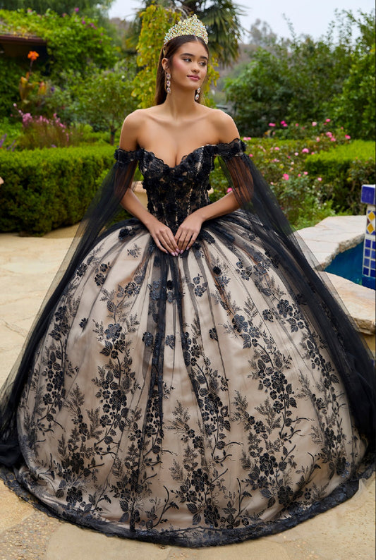 Embellished Mesh With 3-D Floral Applique Glitted.  Quinceanera Gown w/ Mesh Sleeves. Gl3500 GLS by Gloria