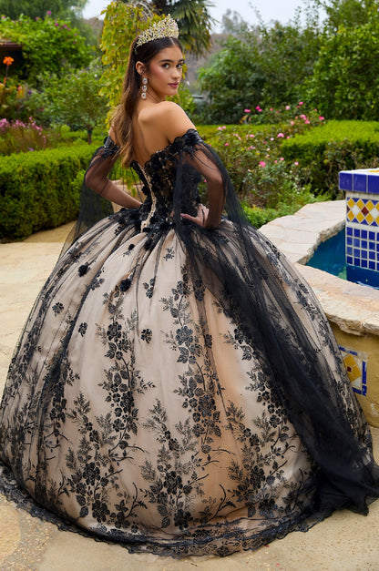 Embellished Mesh With 3-D Floral Applique Glitted.  Quinceanera Gown w/ Mesh Sleeves. Gl3500 GLS by Gloria