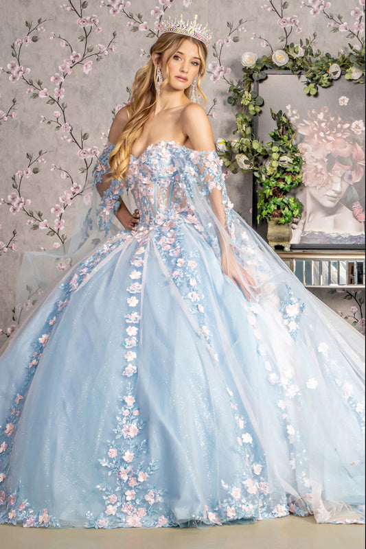 3-D Flower Sheer Bodice Mesh Ball Gown w/ Side Mesh Long Drapes. GL3468 by Gloria