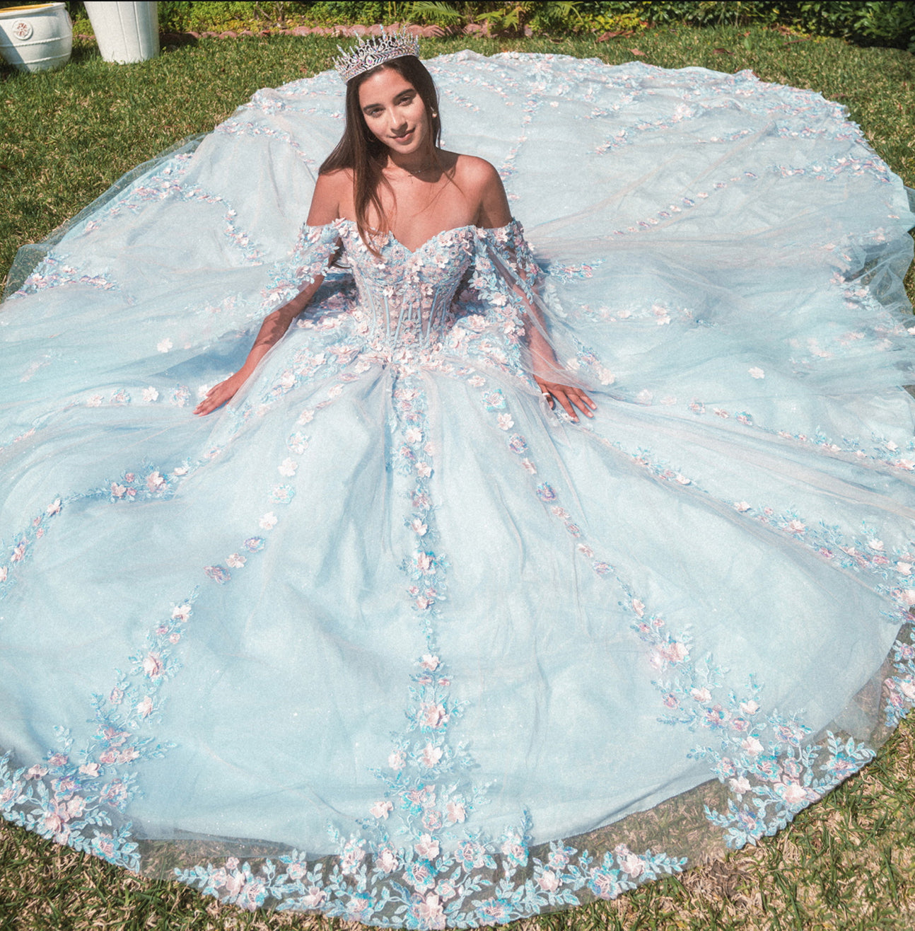 3-D Flower Sheer Bodice Mesh Ball Gown w/ Side Mesh Long Drapes. GL3468 by Gloria