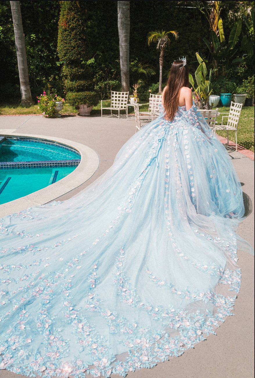 3-D Flower Sheer Bodice Mesh Ball Gown w/ Side Mesh Long Drapes. GL3468 by Gloria