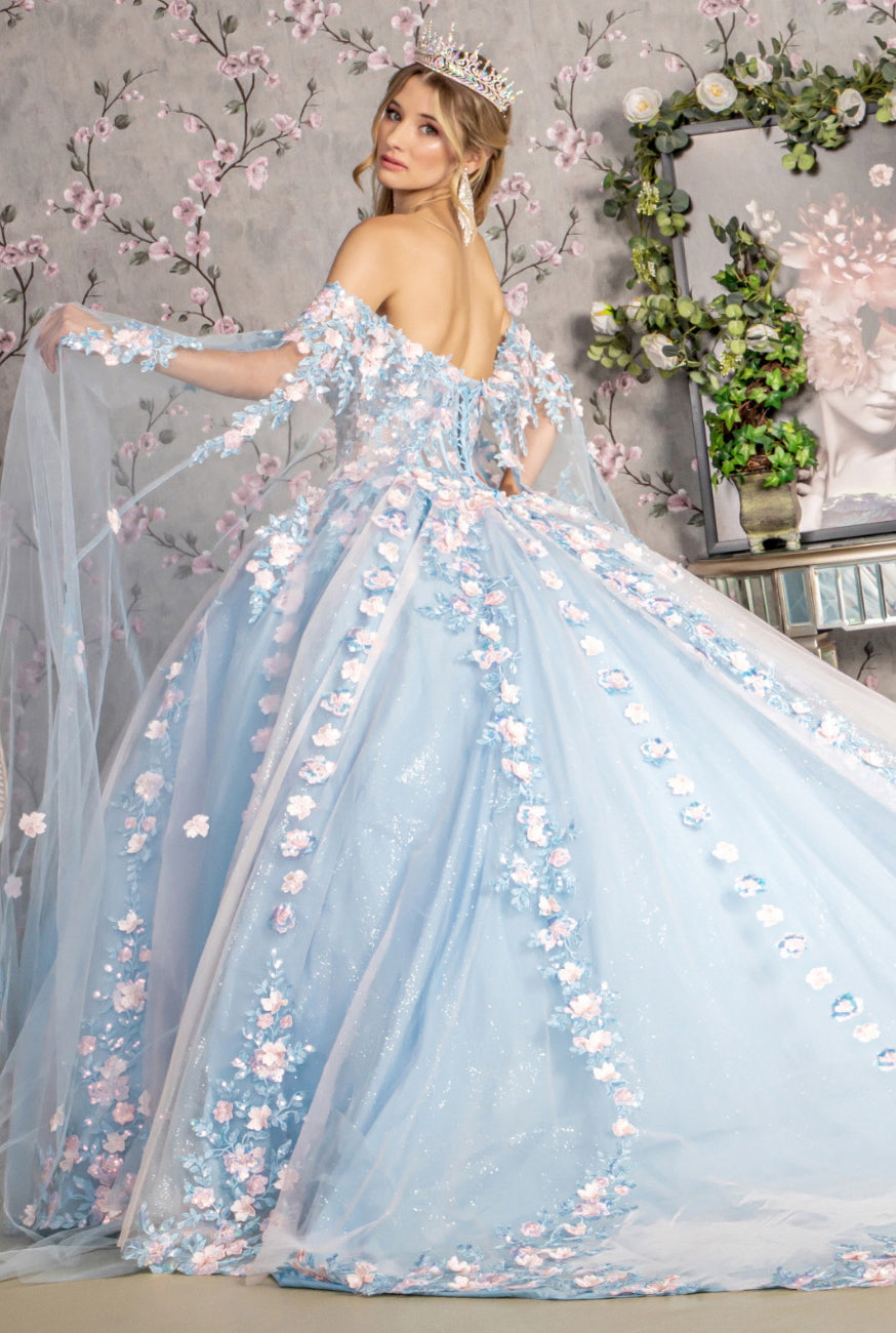3-D Flower Sheer Bodice Mesh Ball Gown w/ Side Mesh Long Drapes. GL3468 by Gloria