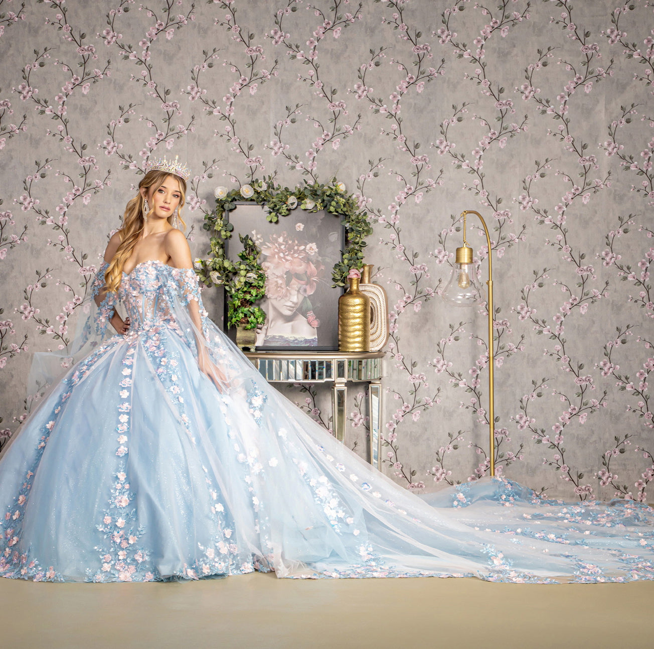3-D Flower Sheer Bodice Mesh Ball Gown w/ Side Mesh Long Drapes. GL3468 by Gloria