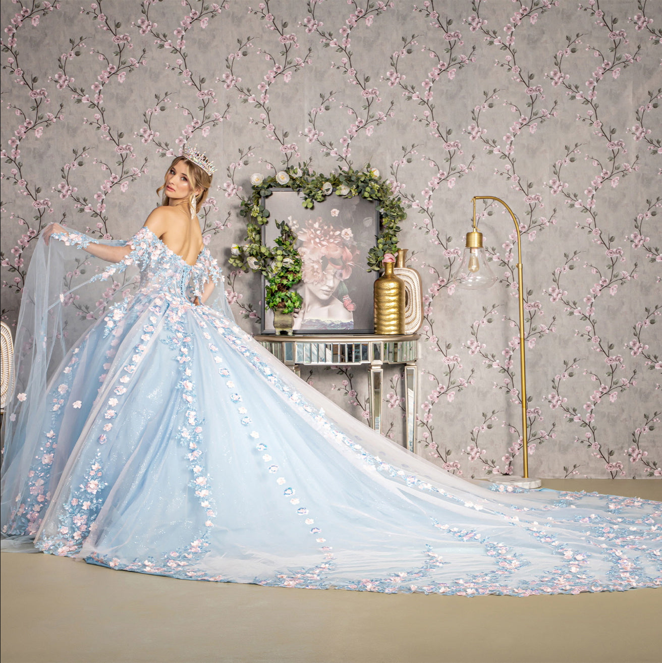 3-D Flower Sheer Bodice Mesh Ball Gown w/ Side Mesh Long Drapes. GL3468 by Gloria