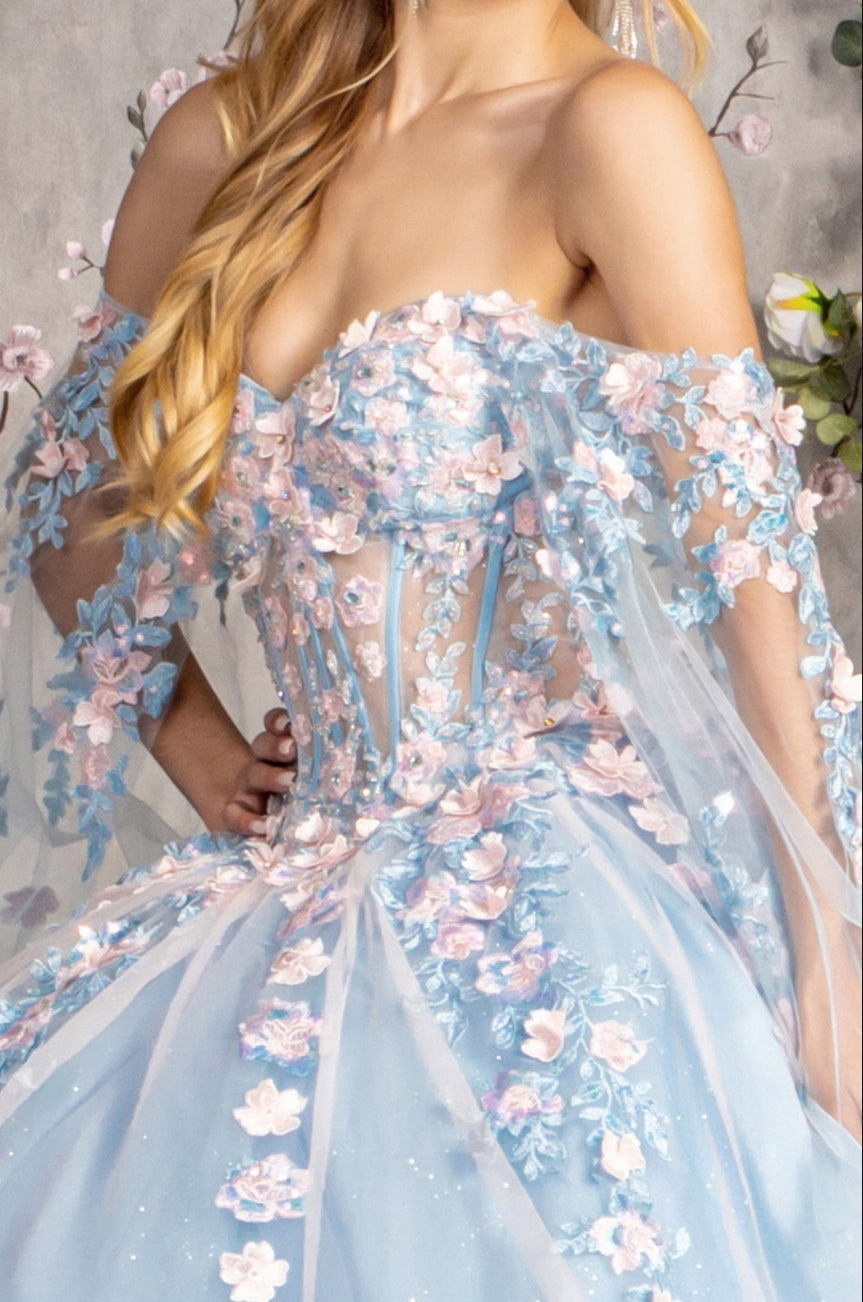 3-D Flower Sheer Bodice Mesh Ball Gown w/ Side Mesh Long Drapes. GL3468 by Gloria
