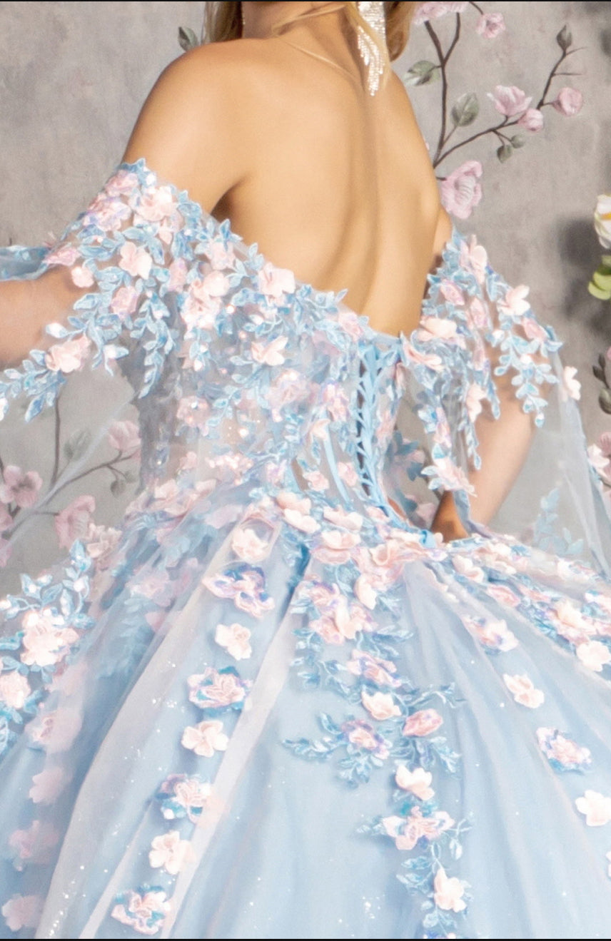 3-D Flower Sheer Bodice Mesh Ball Gown w/ Side Mesh Long Drapes. GL3468 by Gloria