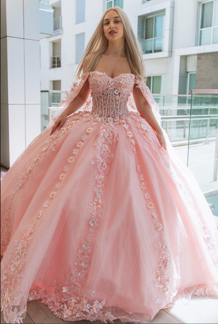 3-D Flower Sheer Bodice Mesh Ball Gown w/ Side Mesh Long Drapes. GL3468 by Gloria