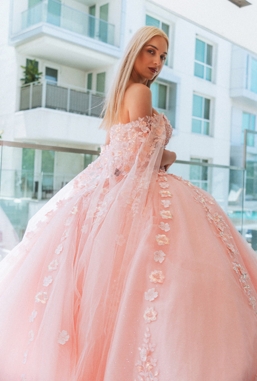 3-D Flower Sheer Bodice Mesh Ball Gown w/ Side Mesh Long Drapes. GL3468 by Gloria