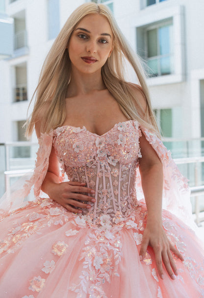 3-D Flower Sheer Bodice Mesh Ball Gown w/ Side Mesh Long Drapes. GL3468 by Gloria