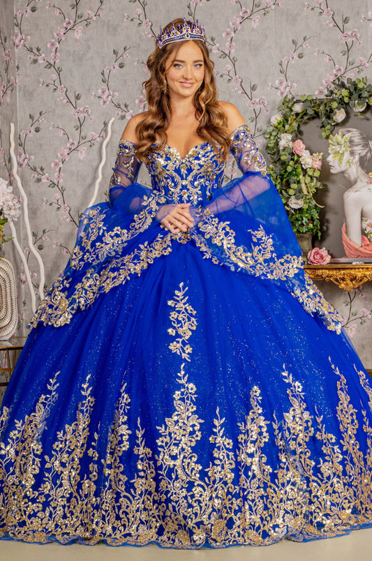 Gold Sequin Off Shoulder Mesh Ball Gown w/ Detachable Long Sleeves. Gl3184 GLS by Elizabeth K