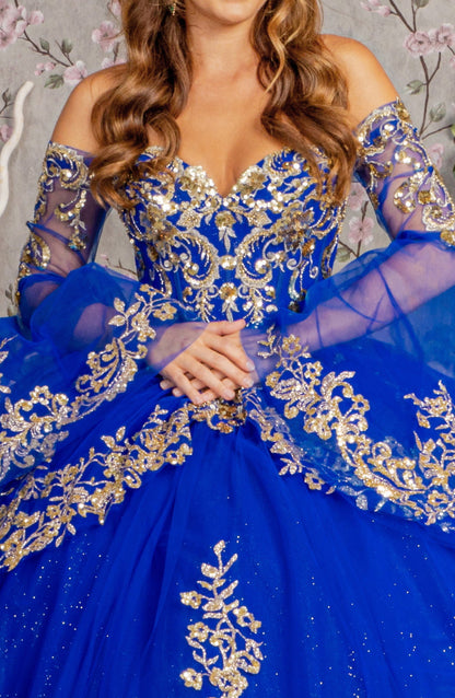 Gold Sequin Off Shoulder Mesh Ball Gown w/ Detachable Long Sleeves. Gl3184 GLS by Elizabeth K