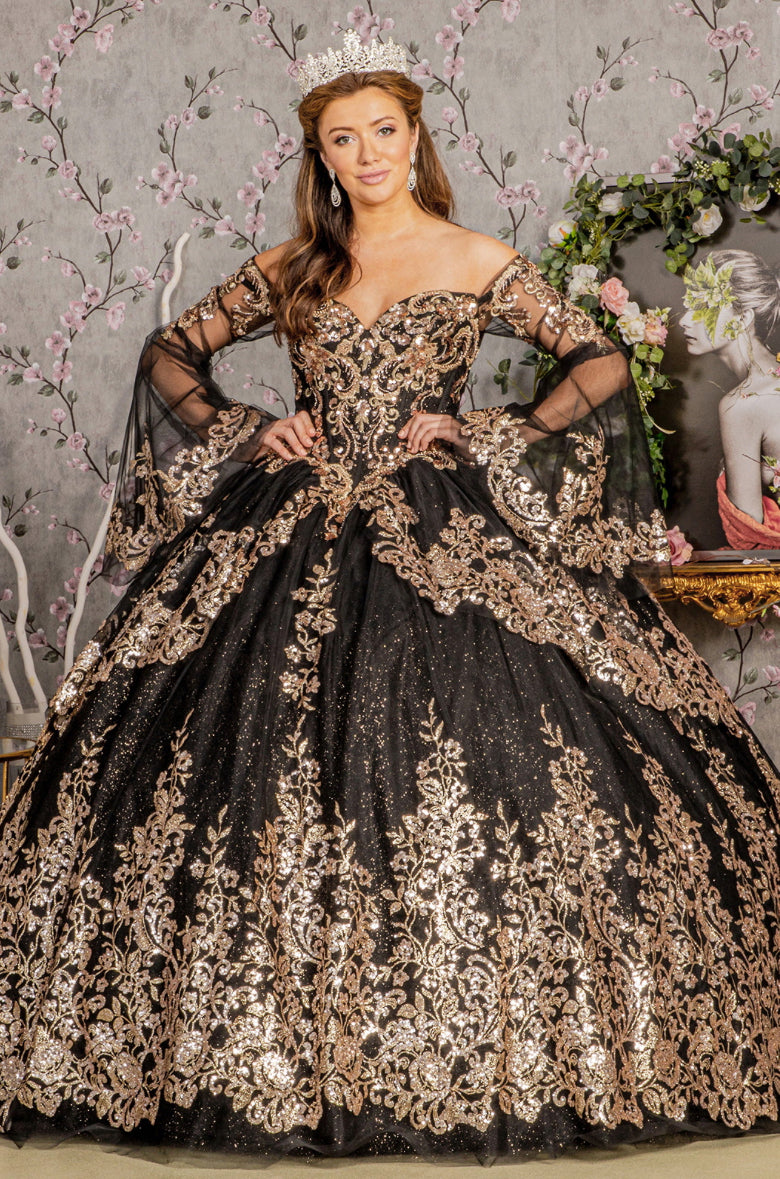 Gold Sequin Off Shoulder Mesh Ball Gown w/ Detachable Long Sleeves. Gl3184 GLS by Elizabeth K