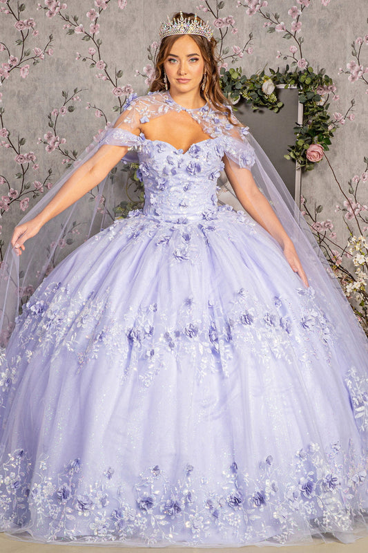Glitter 3-D Flower Applique Mesh Quinceanera Gown w/ Long Mesh Cape. GL3179 GLS by Elizabeth K