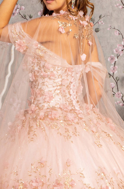 Glitter 3-D Flower Applique Mesh Quinceanera Gown w/ Long Mesh Cape. GL3179 GLS by Elizabeth K