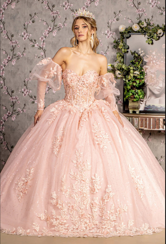 Glitter Embroidery Sheer Bodice Mesh Ball Gown w/ Long Puff Sleeves. GL3476 GLS by Gloria
