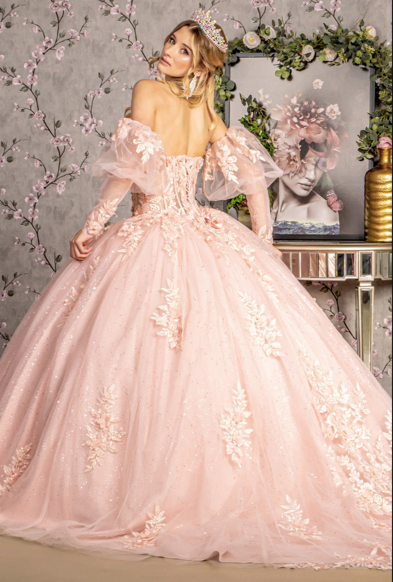 Glitter Embroidery Sheer Bodice Mesh Ball Gown w/ Long Puff Sleeves. GL3476 GLS by Gloria