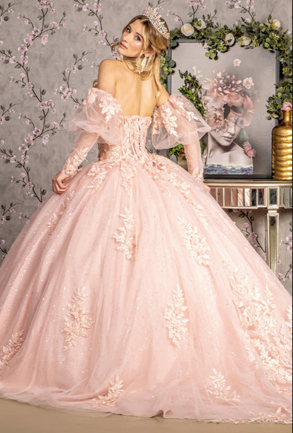 Glitter Embroidery Sheer Bodice Mesh Ball Gown w/ Long Puff Sleeves. GL3476 GLS by Gloria