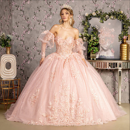 Glitter Embroidery Sheer Bodice Mesh Ball Gown w/ Long Puff Sleeves. GL3476 GLS by Gloria