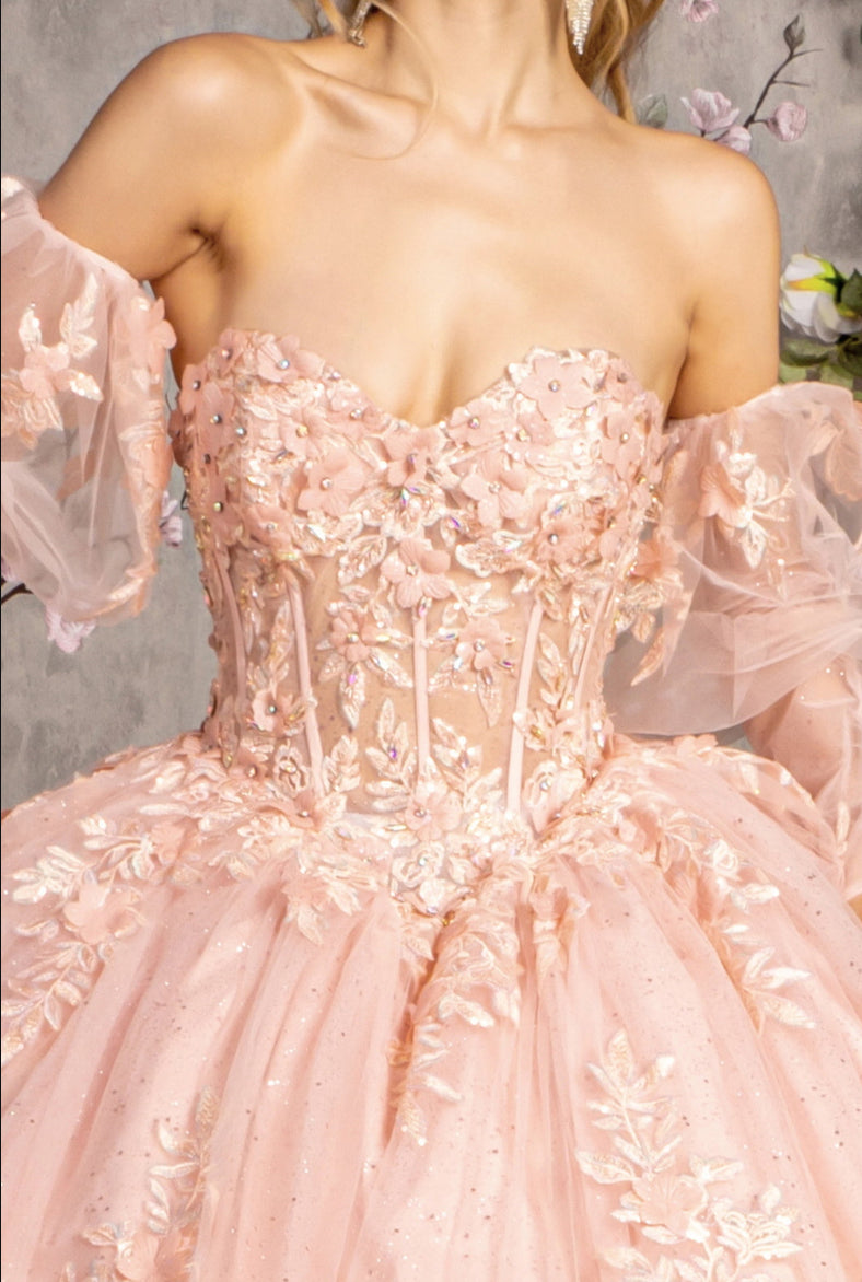 Glitter Embroidery Sheer Bodice Mesh Ball Gown w/ Long Puff Sleeves. GL3476 GLS by Gloria