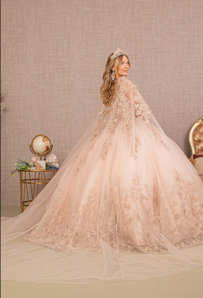 Jewel Mesh Quinceanera Gown w/ 3-D Butterfly Appliques and Long Mesh Cape. GL3104  GLS by Elizabeth K