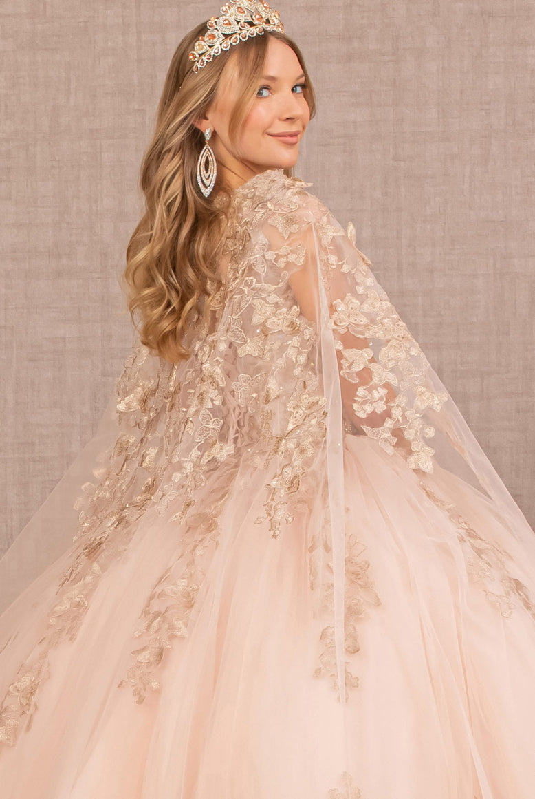Jewel Mesh Quinceanera Gown w/ 3-D Butterfly Appliques and Long Mesh Cape. GL3104  GLS by Elizabeth K