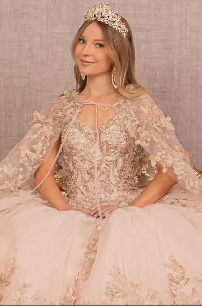 Jewel Mesh Quinceanera Gown w/ 3-D Butterfly Appliques and Long Mesh Cape. GL3104  GLS by Elizabeth K