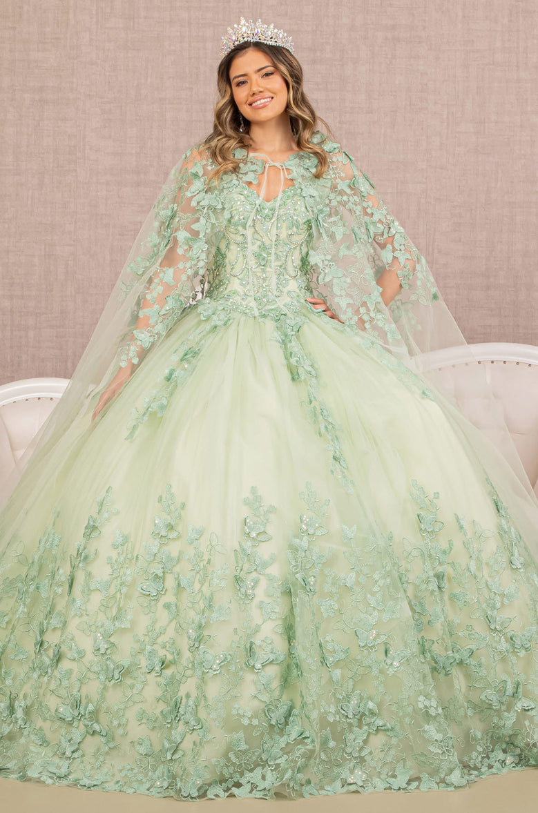 Jewel Mesh Quinceanera Gown w/ 3-D Butterfly Appliques and Long Mesh Cape. GL3104  GLS by Elizabeth K