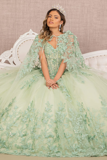 Jewel Mesh Quinceanera Gown w/ 3-D Butterfly Appliques and Long Mesh Cape. GL3104  GLS by Elizabeth K