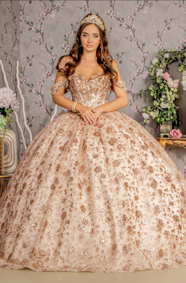 Metallic 3-D Flower Off Shoulder Mesh Ball Gown w/ Ruffled Back. GL3485 GLS By Gloria