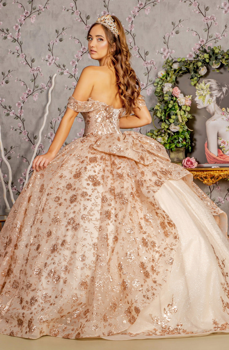 Metallic 3-D Flower Off Shoulder Mesh Ball Gown w/ Ruffled Back. GL3485 GLS By Gloria